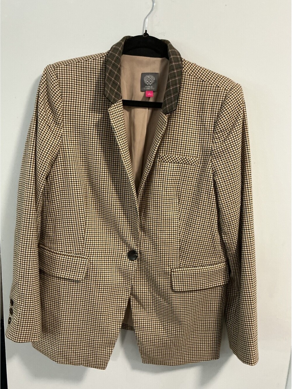 Vince Camuto Size 12 14 Large Brown Houndstooth Notch Collar Blazer Women's #128